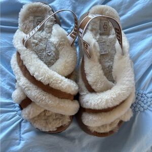 UGG Women's Tan and Cream Fuzzy Slippers